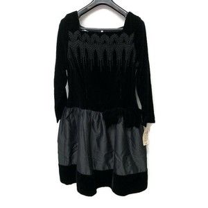 Vintage 1980s Nipon Women Size 14 Black Velvet Satin Drop Bow Waist Dress